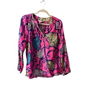 Lilly Pulitzer Tops Women’s Size L Pink Long Sleeve Leaf Print Silk Button Up